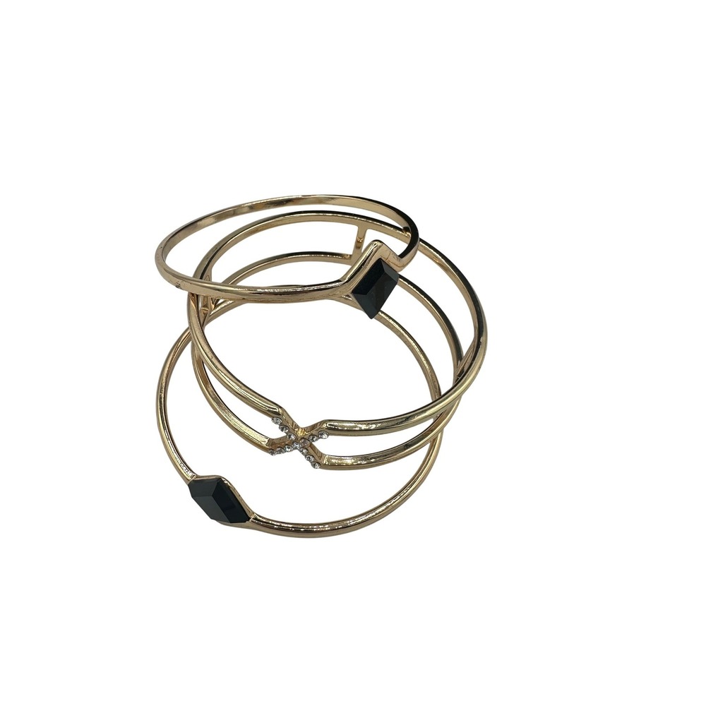 Gold Tone Multi-Strand Bangle Bracelet Set Black‎ Diamond Shape